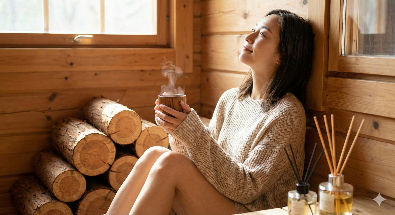 お姉さんが木の香りに癒されている絵