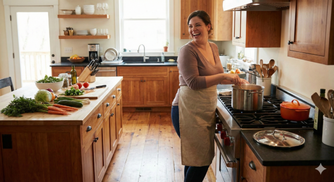 主婦が無垢フローリングを採用したキッチンで楽しそうにお料理している
