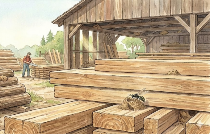 ドロバチの巣木材ヤード