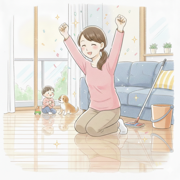 ガラス塗装を施した無垢フローリングの掃除のしやすさに喜ぶ主婦のイラスト