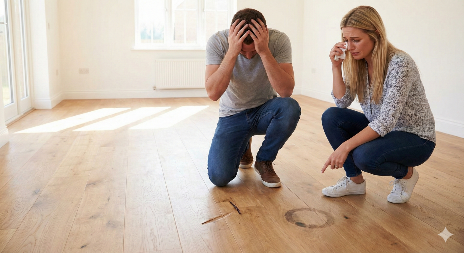 引渡し前の無垢フローリングの傷・汚れ・凹みが見つかって嘆いているお施主様