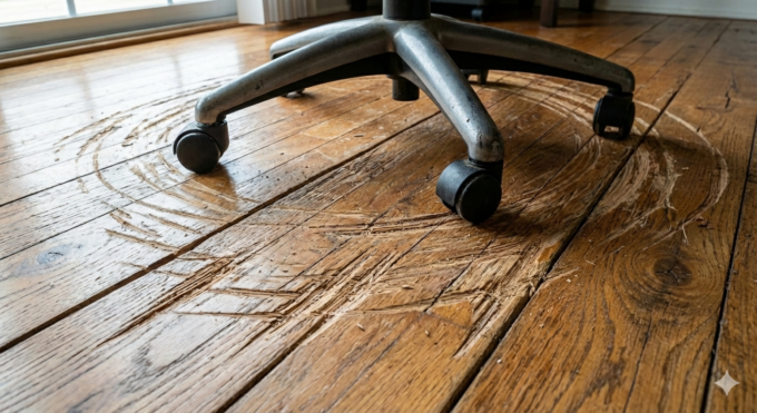 対策をしていないキャスター椅子によって無垢フローリングについた深い傷と凹み