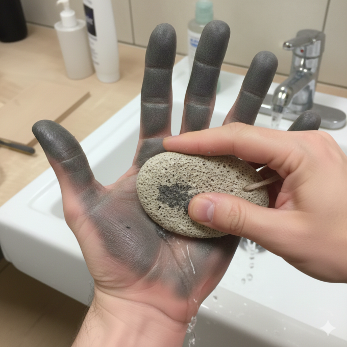 直貼りフローリングボンド手の汚れを軽石で落とす