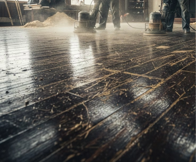 剣道場床のウレタン塗装を研摩で剥がしている