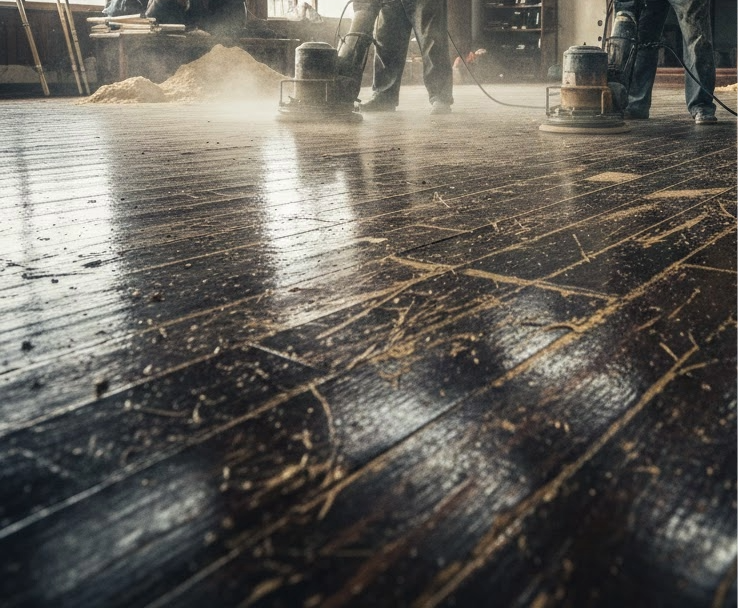 剣道場床のウレタン塗装を研摩で剥がしている