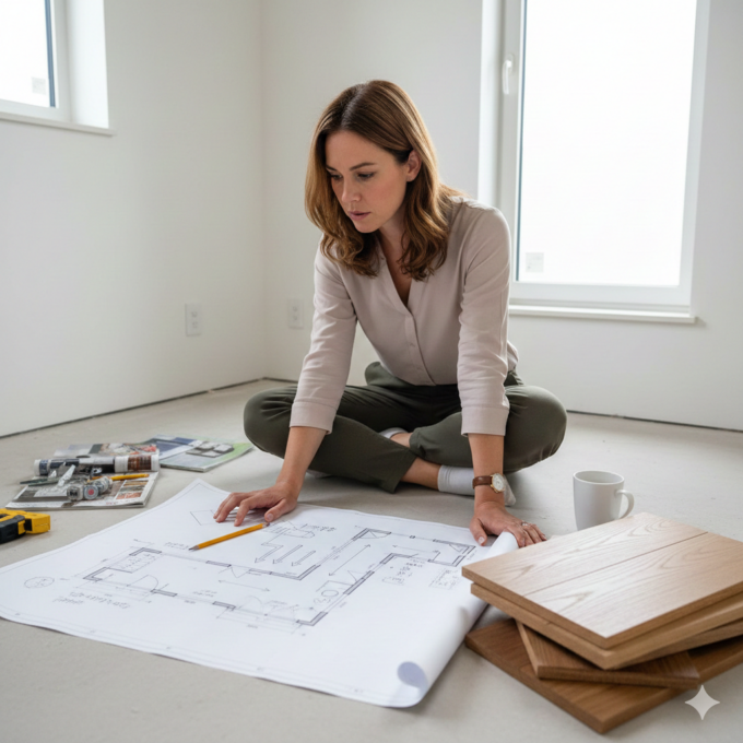 L型廊下の図面を見て無垢フローリングを悩んでいる様子