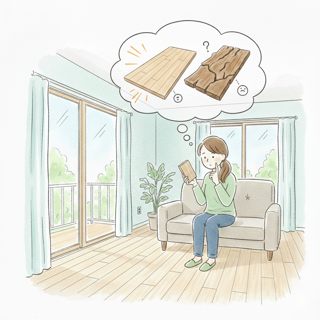 無垢フローリングのメリットとデメリットを比較して悩む女性。サンプルを手に取り、割れや反りなどの経年変化を検討している様子。