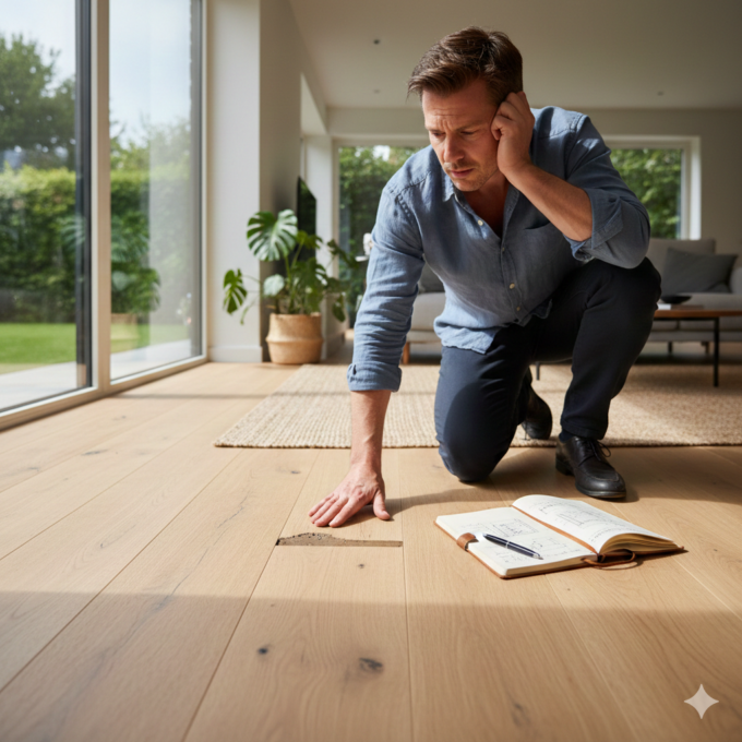 無垢フローリングのパテ埋めを眺めて悩んでいる男性
