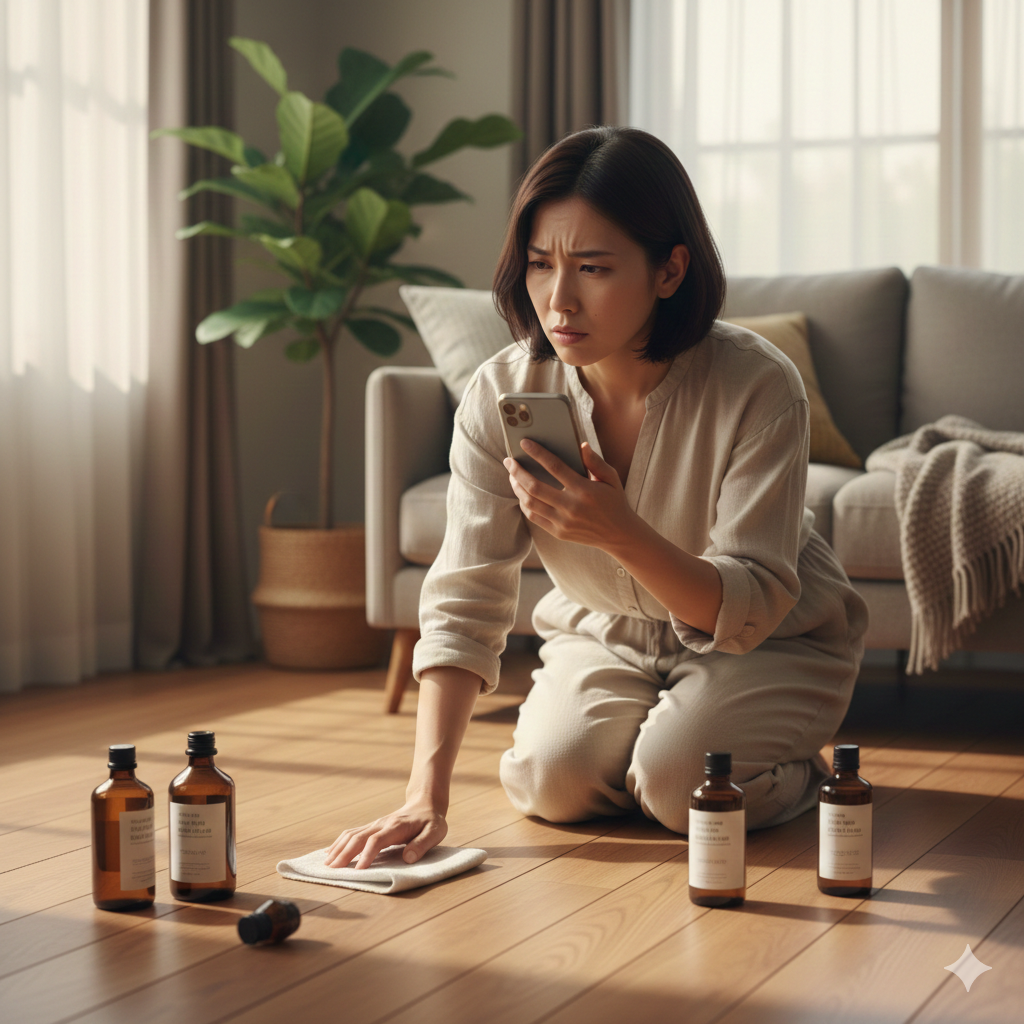 自宅の無垢フローリングに適した専用オイルがどれが良いか、調べながら検討している奥様の様子