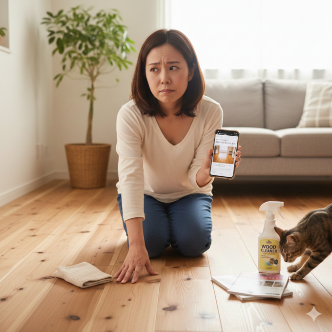 「無垢フローリングは手入れ不要」というネット記事を読みながら、床に手をついて「本当かな？」と首をかしげる女性のイメージ画像。