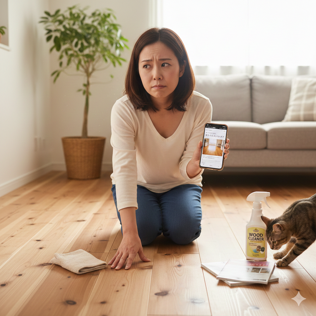 「無垢フローリングは手入れ不要」というネット記事を読みながら、床に手をついて「本当かな？」と首をかしげる女性のイメージ画像。