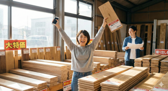 アウトレット無垢フローリングを見つけて喜ぶ施主