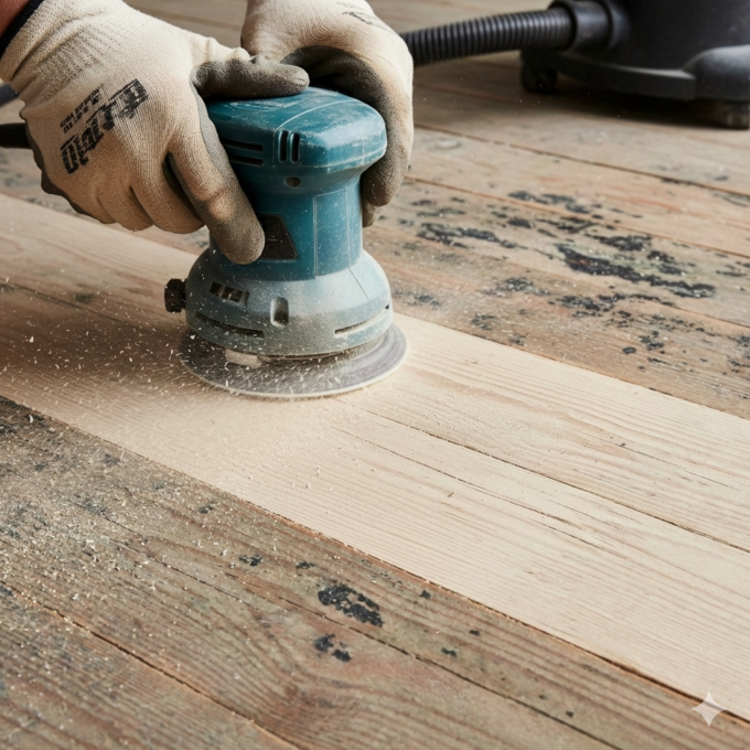 無垢フローリングのカビ落とし作業