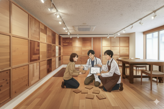 無垢フローリングショールームにて、化学物質過敏症の相談を材木商と行う様子