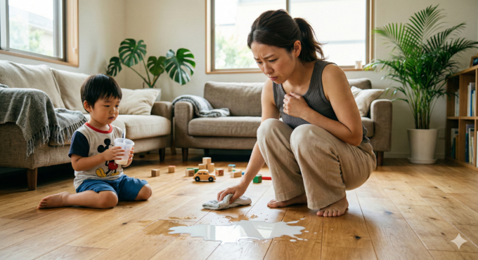 無垢フローリングの食べこぼしと牛乳